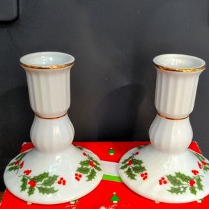2 🕯 Christmas Holly Fine Porcelain Candle Holders